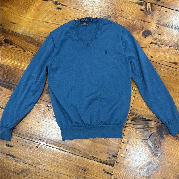 Polo by Ralph Lauren Blue V-Neck Slim Sweater washable merino wool size medium - Picture 1 of 15